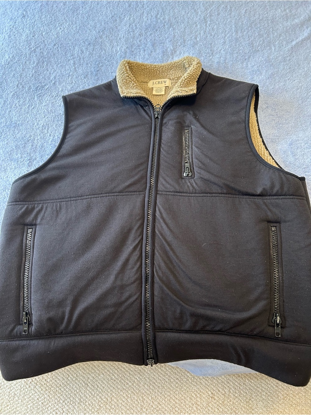 J. Crew Black Men’s Sherpa-Lined Zip Vest with Cream Collar